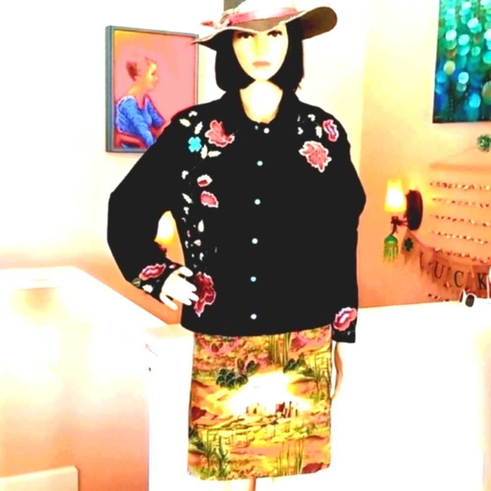 DOUBLE D RANCH DD Black Suede Leather Turq Snaps Floral Embroidery Shirt Blouse - Picture 3 of 10